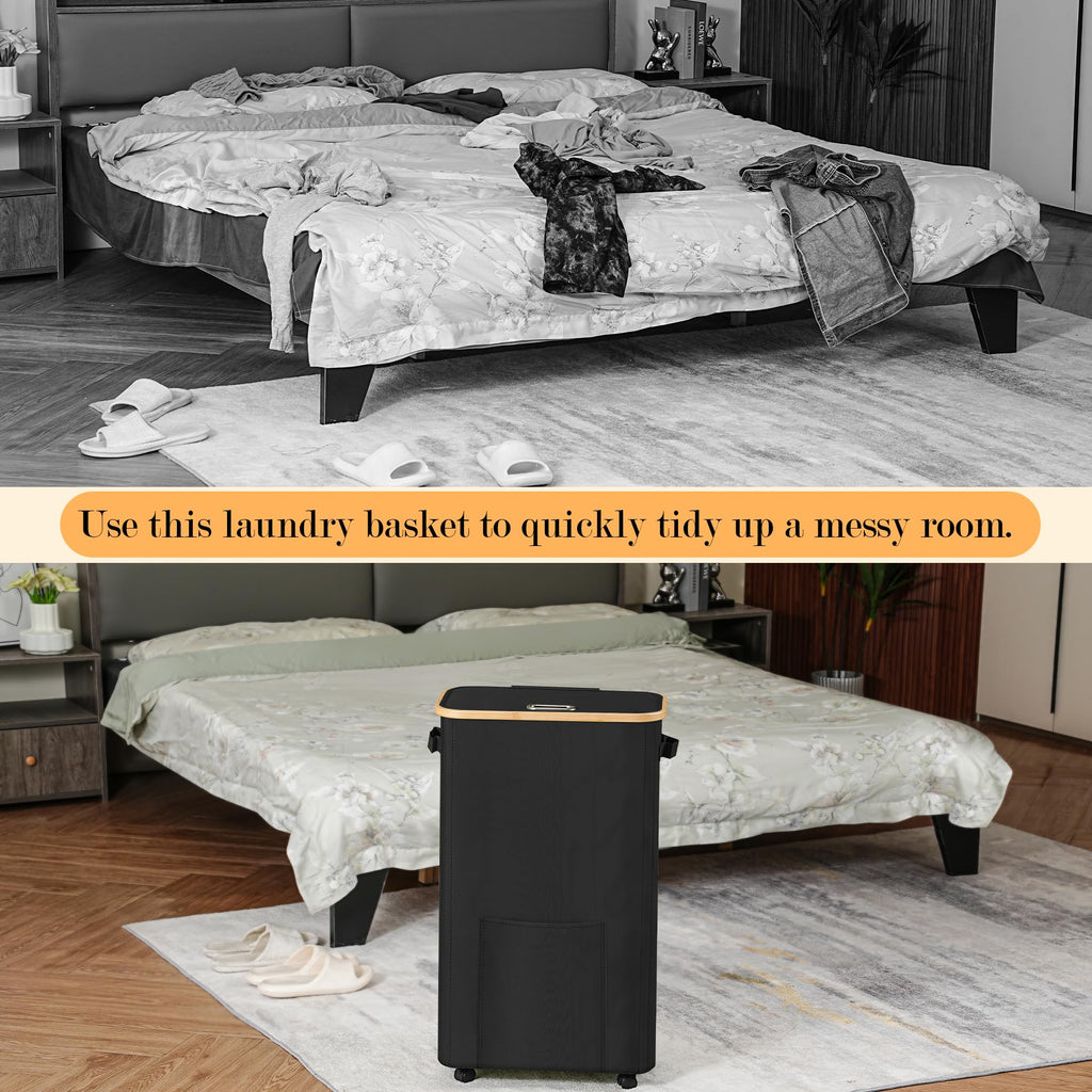 Basket with Wheels, Dirty Clothes Hamper on Wheels, Rolling Tall Laundry Hamper with lid for Laundry Room, Dorm and