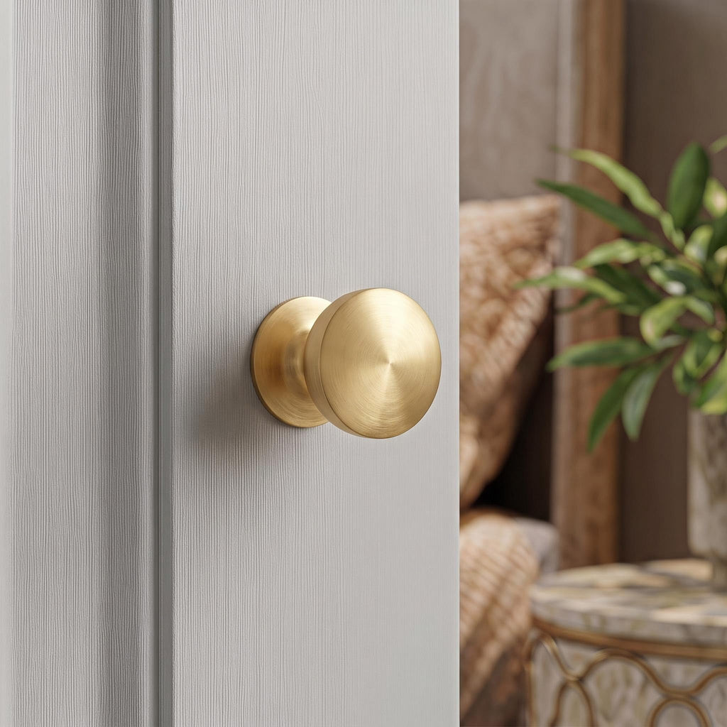 Solid Brass Cabinet Knobs with Wide Base, 1-1/8 Inch Brushed Gold Drawer Knobs, 4 Pack Round Dresser Knobs Cabinets