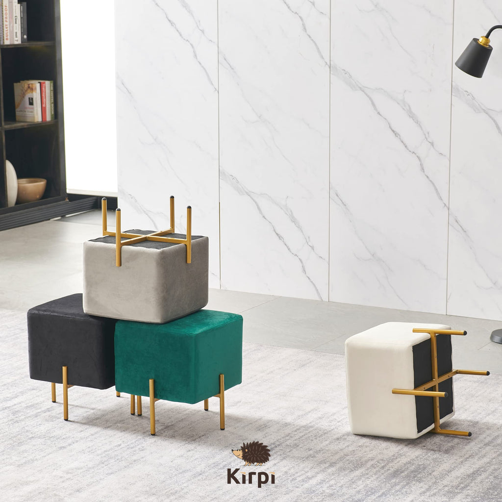 Black Velvet Foot Stool Set of 2, Modern Luxury Vanity Ottoman Stools with Gold Legs, Cube Accent Foot Rest Bedroom