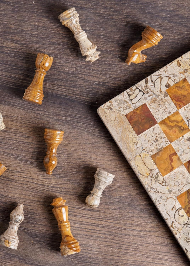 Handmade Fossil Coral and Dark Brown Marble Full Chess Game Original Marble Chess Set