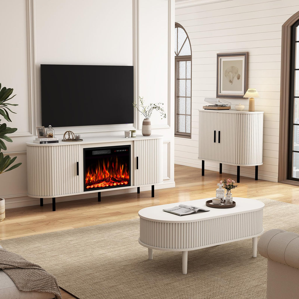 65" TV Stand with 23" Fireplace, Modern Fluted Design, Curved Fireplace Entertainment Center for TVs Up to 75 Inches