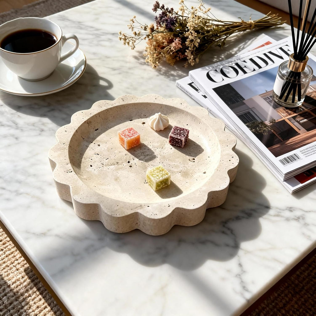 Marble Scalloped Edge Tray, 6.3"*6.3"Travertine Ring Dish Jewelry Tray