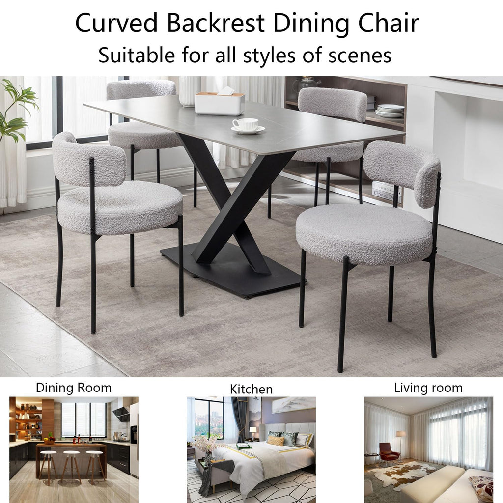 Boucle Dining Chairs Set of 6, Upholstered Dining Room Chairs with Black Metal Legs, Round Modern Dining Chair (Light