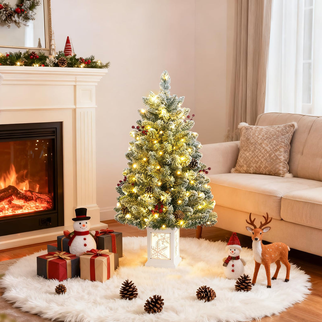 3 Ft Pre-Lit Christmas Tree, Frosted Artificial Christmas Tree with 78 Led Lights, 8-Mode Battery Box, Timer