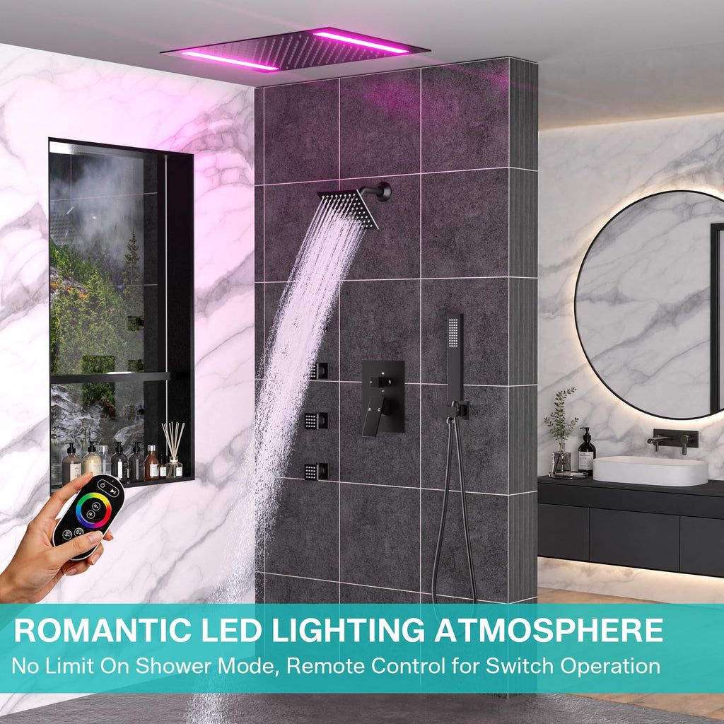 Dual Rain LED Shower System, 14"x20" Large Shower Head + 6" Wall Shower, 4 Body Jets with Individual On/Off &