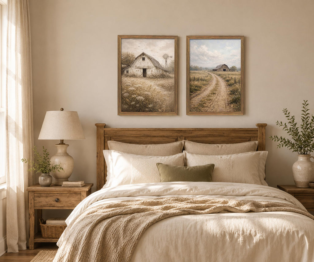 Farmhouse Wall Art Set of 2, Vintage Rustic Barn Landscape Canvas Prints