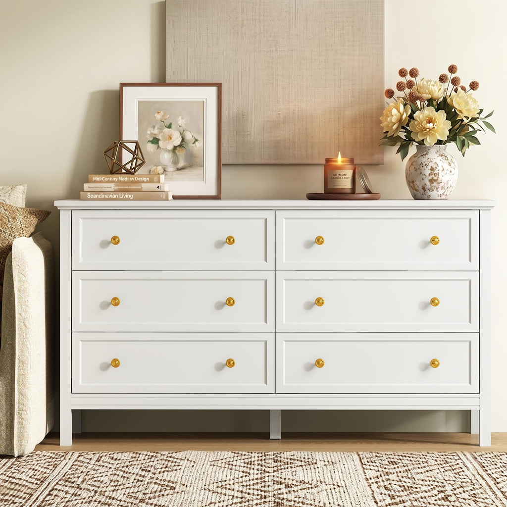 White Dresser, 55" Modern Dresser with 6 Drawers Gold Handles