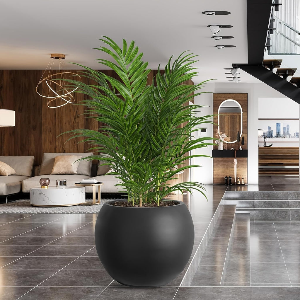 17" H x 21" Dia Modern Large Round Black Fiberstone Planter Pot with Drainage Hole, Lightweight UV-Resistant Planter