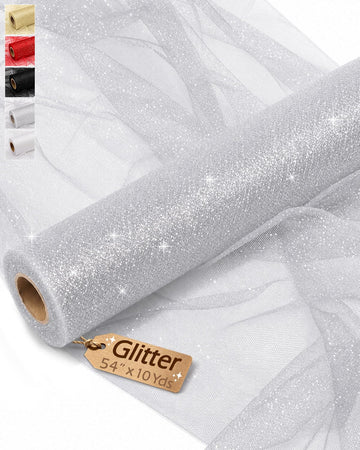 Glitter Tulle Fabric Roll 54 Inch x 10 Yards, Silver Sparkling Mesh Netting