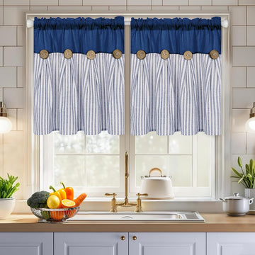 Farmhouse Curtains (Set of 2 Panels), Boho Bedroom Curtains with Rustic Buttons, Cotton Linen Back Tab Drapes Blue Striped Light