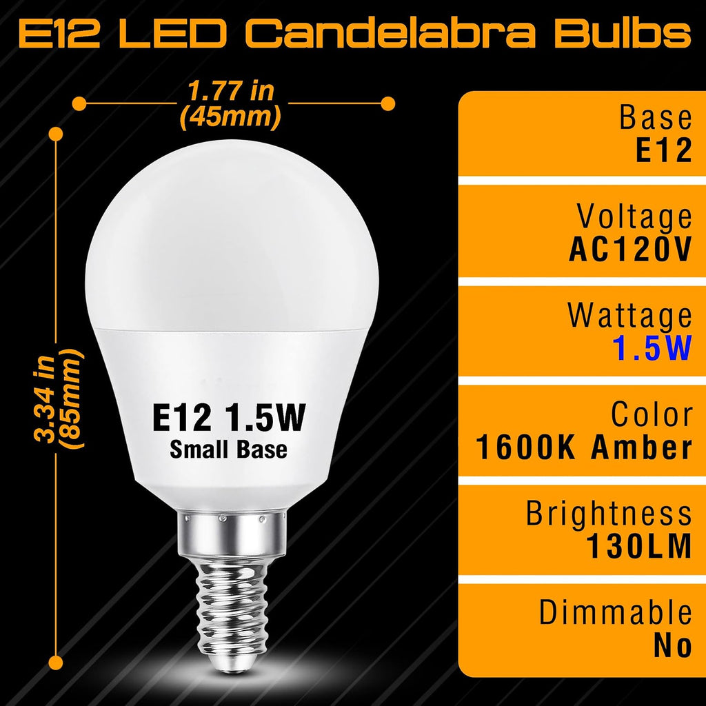 1.5w E12 Candelabra Base Low Wattage Light Bulbs Amber 1600K, 2 Pack