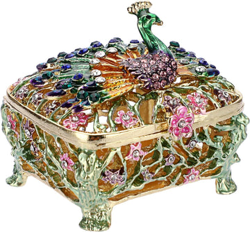 Mini Peacock Trinket Box, Vintage Metal Enameled Decorative Box Ring Earrings Jewelry Organizer Gift Box for Girl