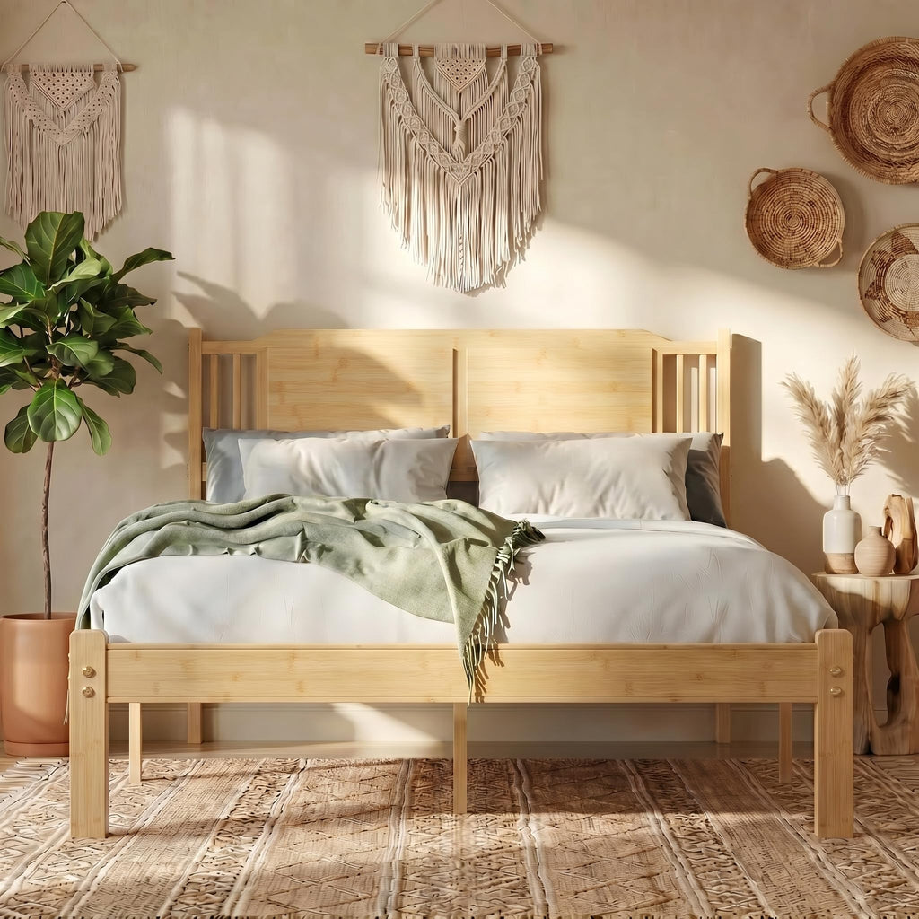 Bamboo Full Bed Frame with Headboard, 14 inch Wood Platform Bed Frames Full Size No Box Spring Needed, Rustic