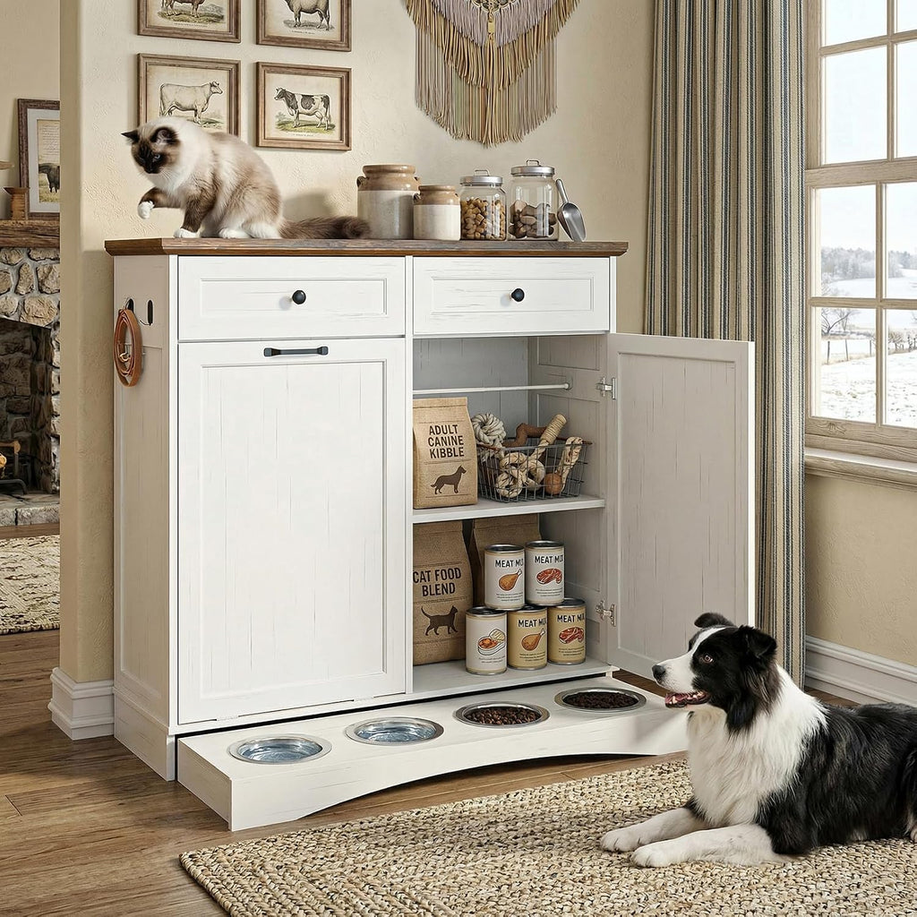 Pet Feeding Station with 4 Bowls, Dual Doors dog cabinet storage