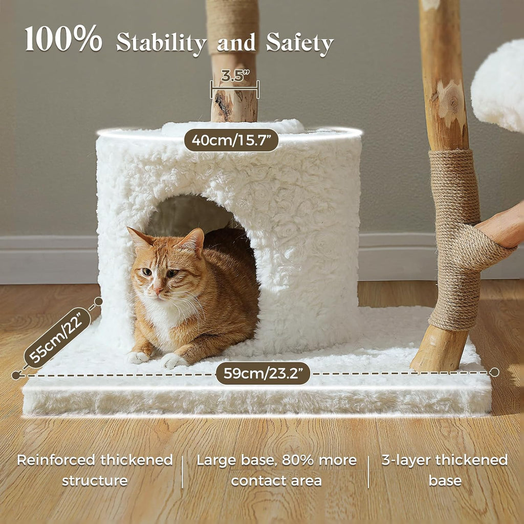 59" Modern Cat Tree, Natural Wood Cat Tower for Large Cats White