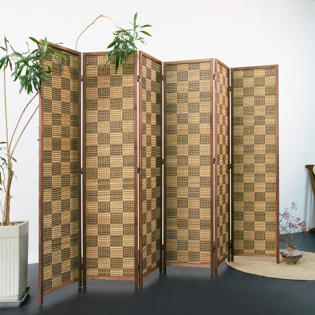 6 Panel Bamboo Room Divider - 5.6 ft Tall Double-Sided Folding Privacy Screen, Freestanding Wall Partition, Caramel