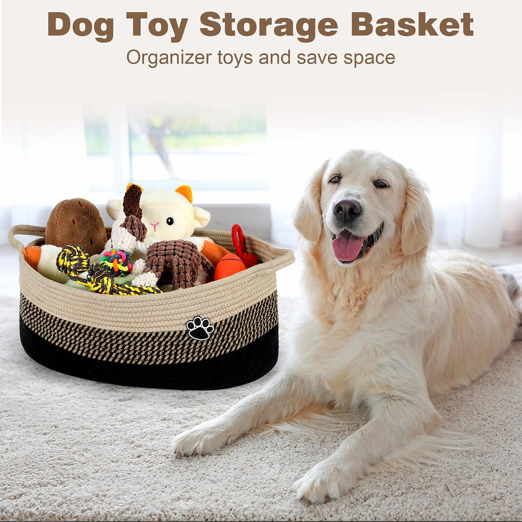40L Extra Larg Dog Toy Basket, Woven Rope Storage Basket, Black-Brown