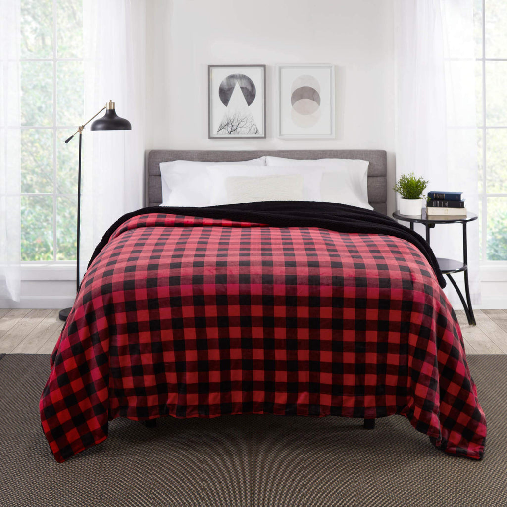 Sherpa Throw Blanket Super Soft Reversible Ultra Luxurious Plush Blanket, 102 x 90 inches, Buffalo Check Red/Black