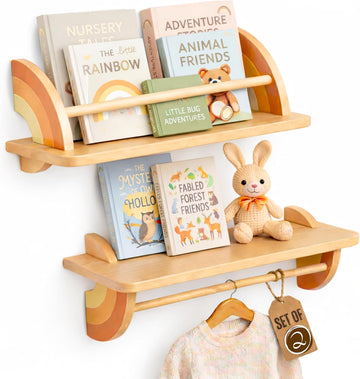 Nursery Floating Wall Shelves Set of 2, Beechwood Hanging Bar