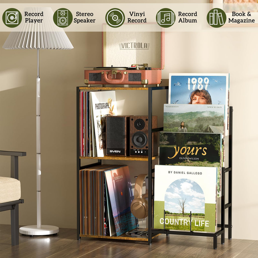 Record Player Stand, Turntable Stand with 4-Tier Vinyl Record Storage, Record Player Table Storage up to 200+ Albums