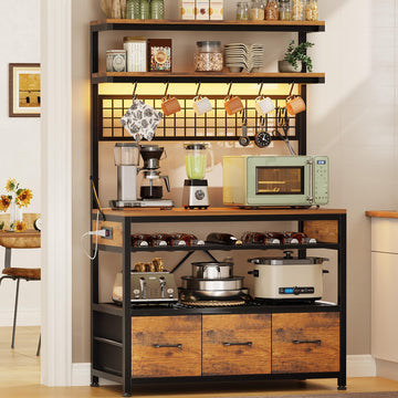 Bakers Rack with Storage and Power Outlet, 35.4 inch Coffee Bar Cabinet, Microwave Stand Kitchen Cabinet with Hutch