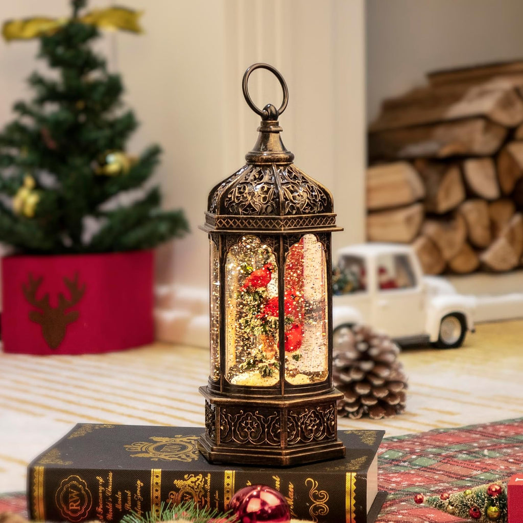 12.8" Lighted Musical Christmas Snow Globe Lantern with Three Red Cardinals in Tree, Swirling Glitter, Antique