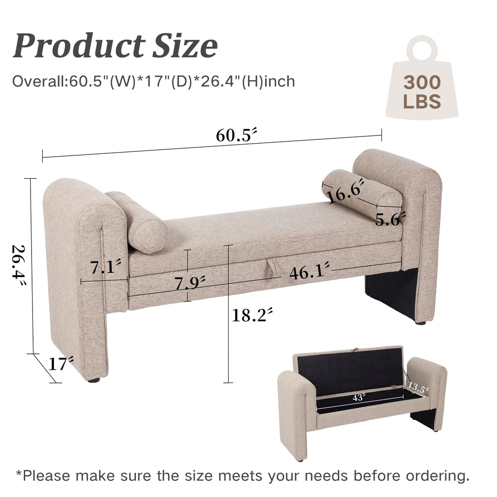 65" Velvet Button Tufted Storage Ottoman Bench Wood Legs Bedroom (Oatmeal)