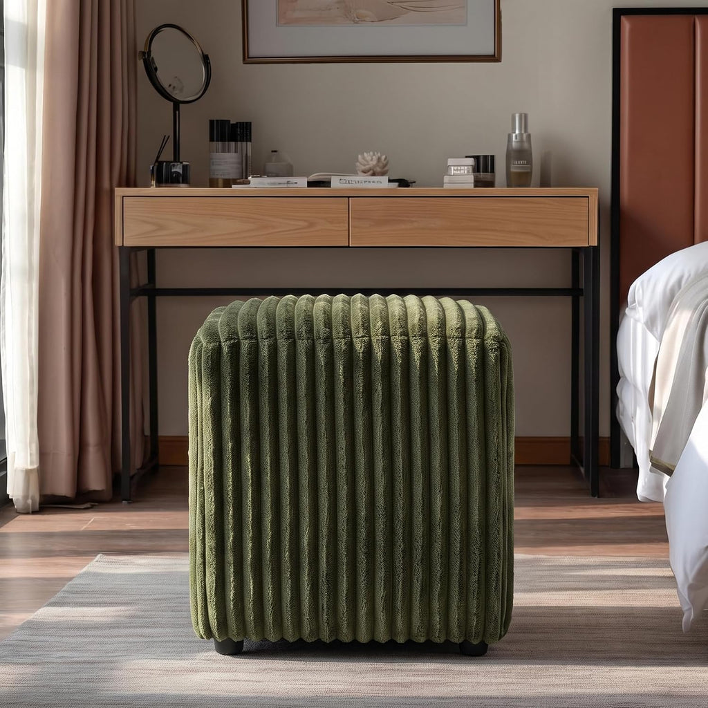 Modern Square Vanity Stool, Small Striped Pattern Ottoman, Cute Velvet Foot Stool, Tufted Fabric Footrest