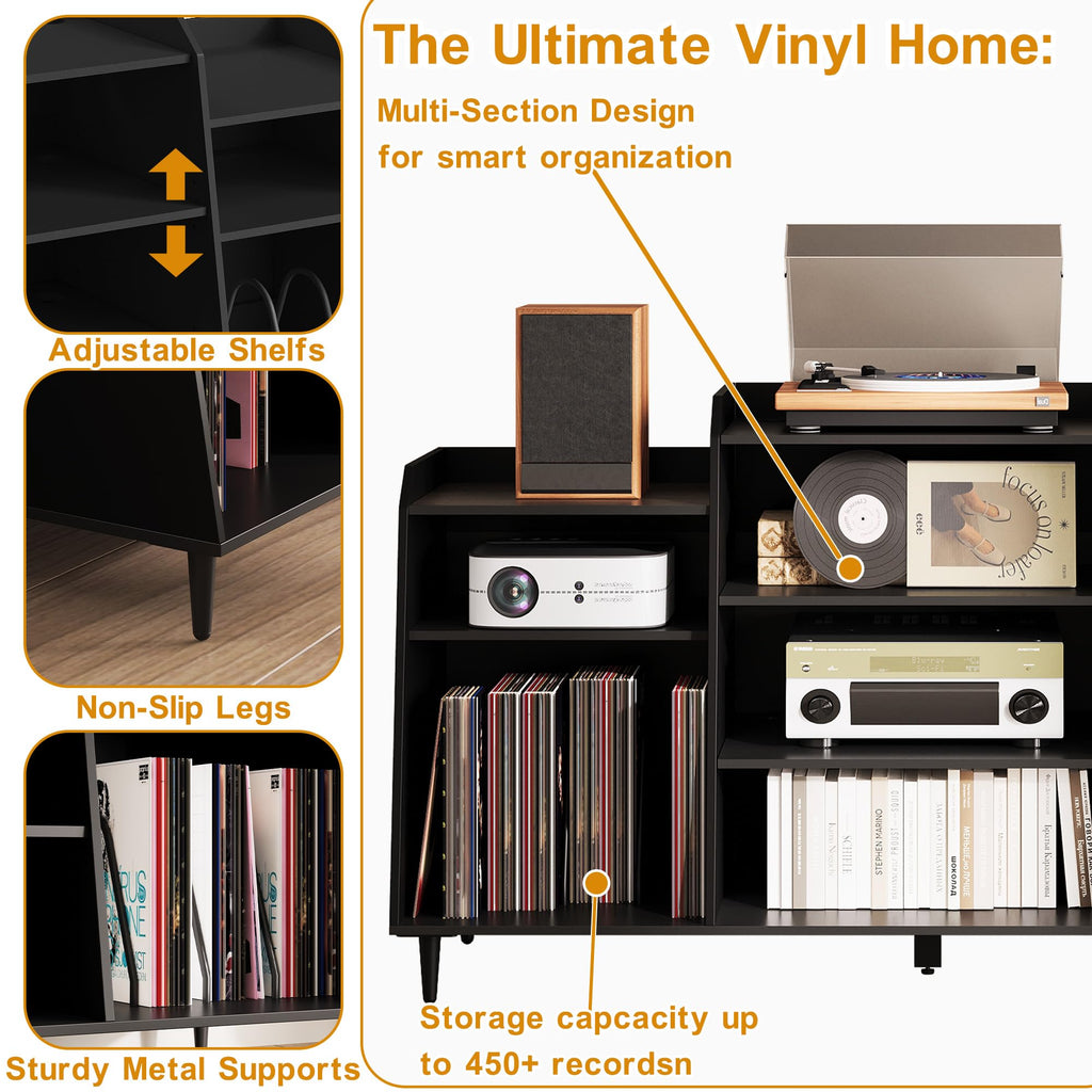55" Record Player Stand with Charging Station, 4-Tier Vinyl Record Storage Cabinet with Divided Shelves, Adjustable