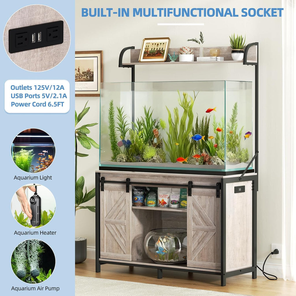 55-75 Gallon Fish Tank Stand with Power Outlets, Heavy Duty Metal Frame Aquarium Stand with Barn Door, Turtle Reptile