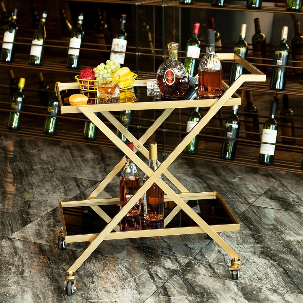Gold Finish Bar Cart on Wheels, No-Tool Assembly 2-Tier Serving Cart with Black Tempered Glass Shelves & Locking