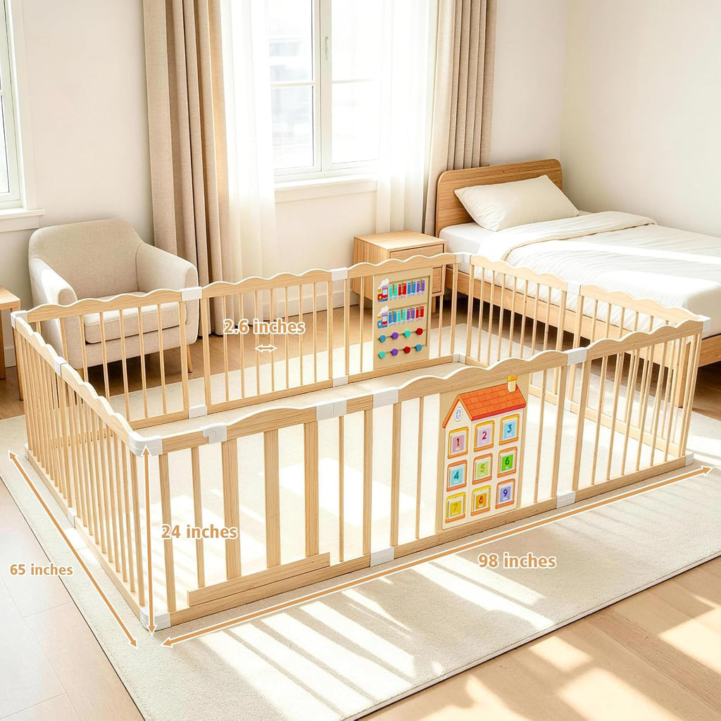 Wooden Baby Playpen with Built-in Activity Panel, 98x65x24In | Large Adjustable Natural Pine Wood Play Pen with