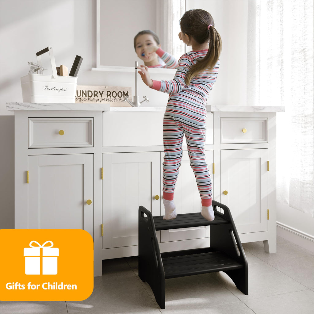 Wooden Step Stool - Two-Step 300 lbs Capacity With Safety Non-Slip Pads and Handles, Bamboo, Dual Height for Adults