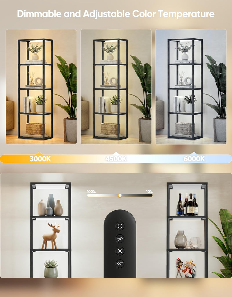 Large Glass Display Shelf with Remote Control, Dimmable LED Floor Lamp with Shelves, Open Display Cabinet, 3 Color
