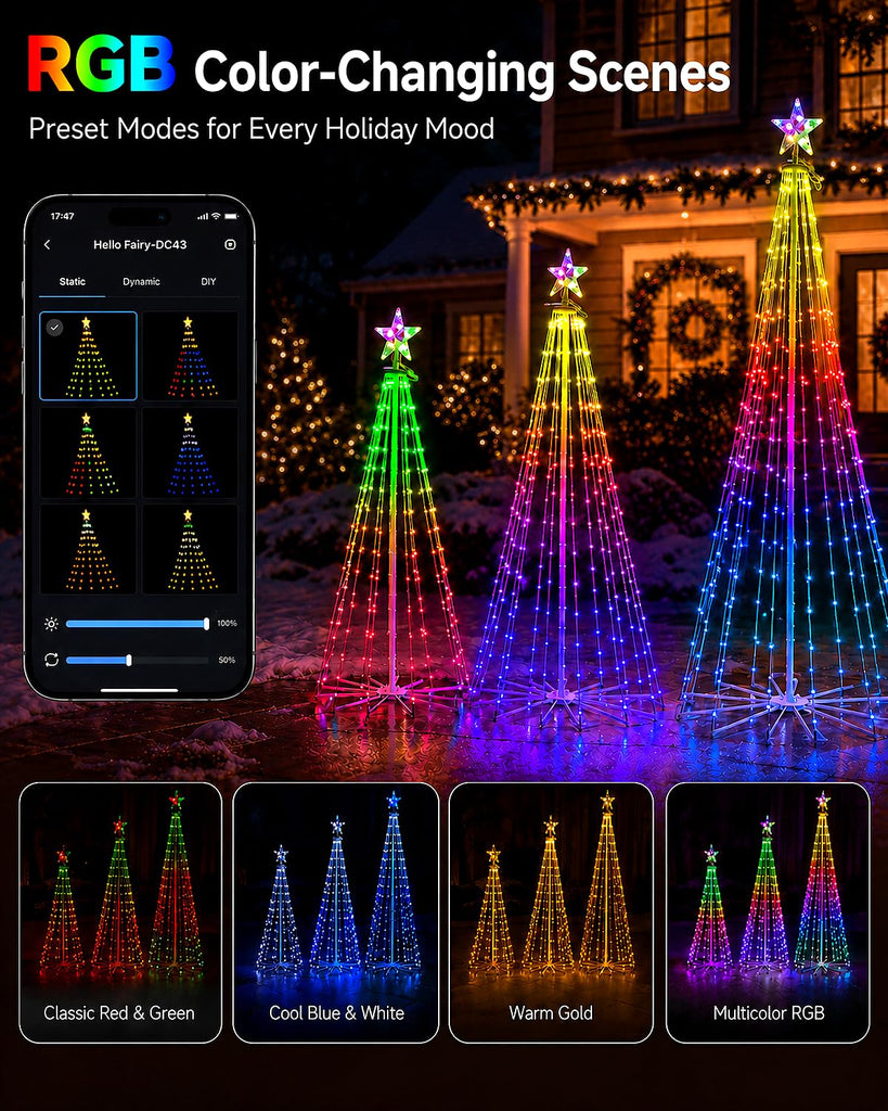 3-Piece Smart Outdoor Christmas Cone Tree Lights, 4FT 5FT 6FT