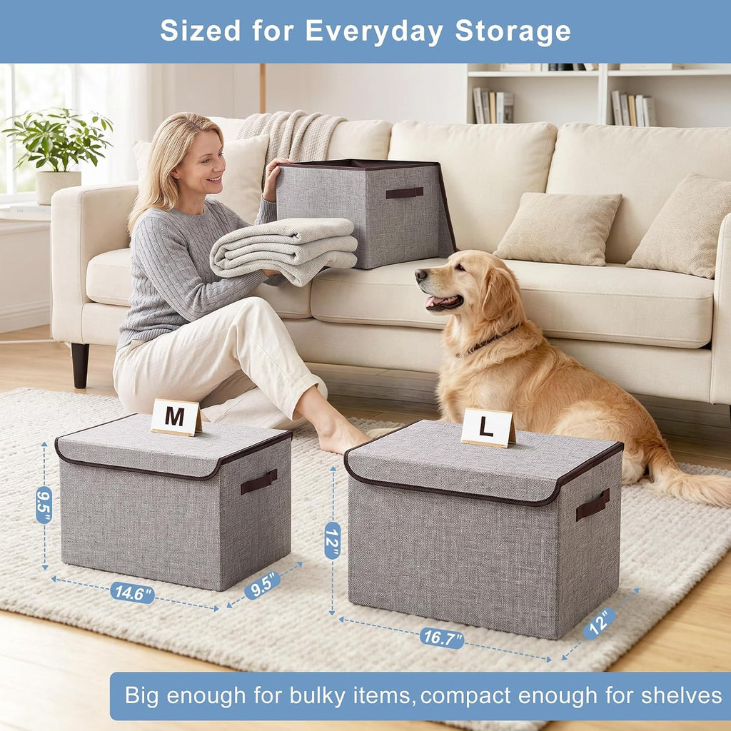 Large 42 Quarts Fabric Storage Bins with Lids [2-Pack] Linen Collapsible Foldable Storage Cubes, Closet Organizer