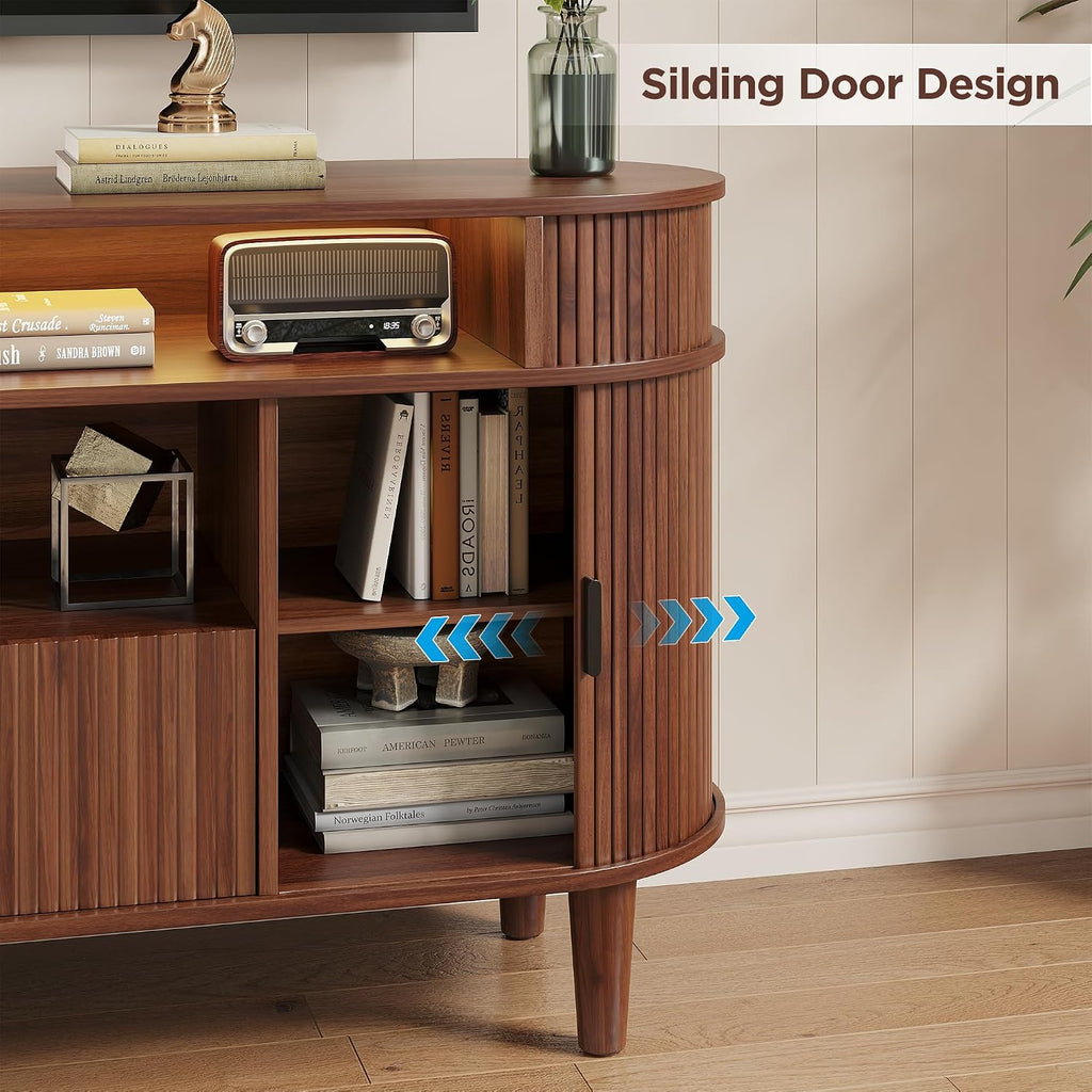 59" Fluted TV Stand with Sliding Doors, Mid Century Modern TV Stands for Tvs up to 65", Entertainment Center with