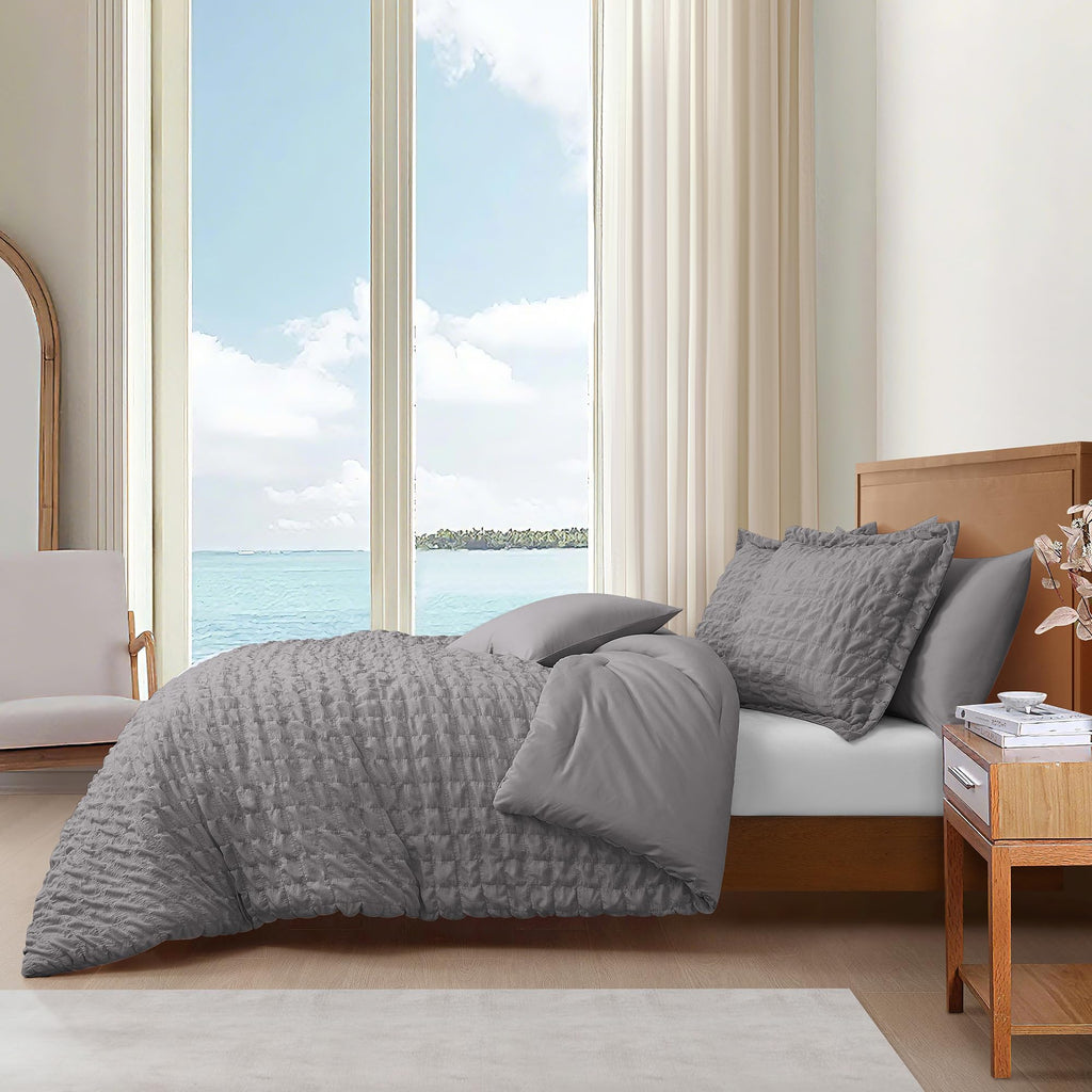 Grey 3 Piece Seersucker Microfiber Comforter Set, Geometric Textured Design, Lightweight Breathable Bedding