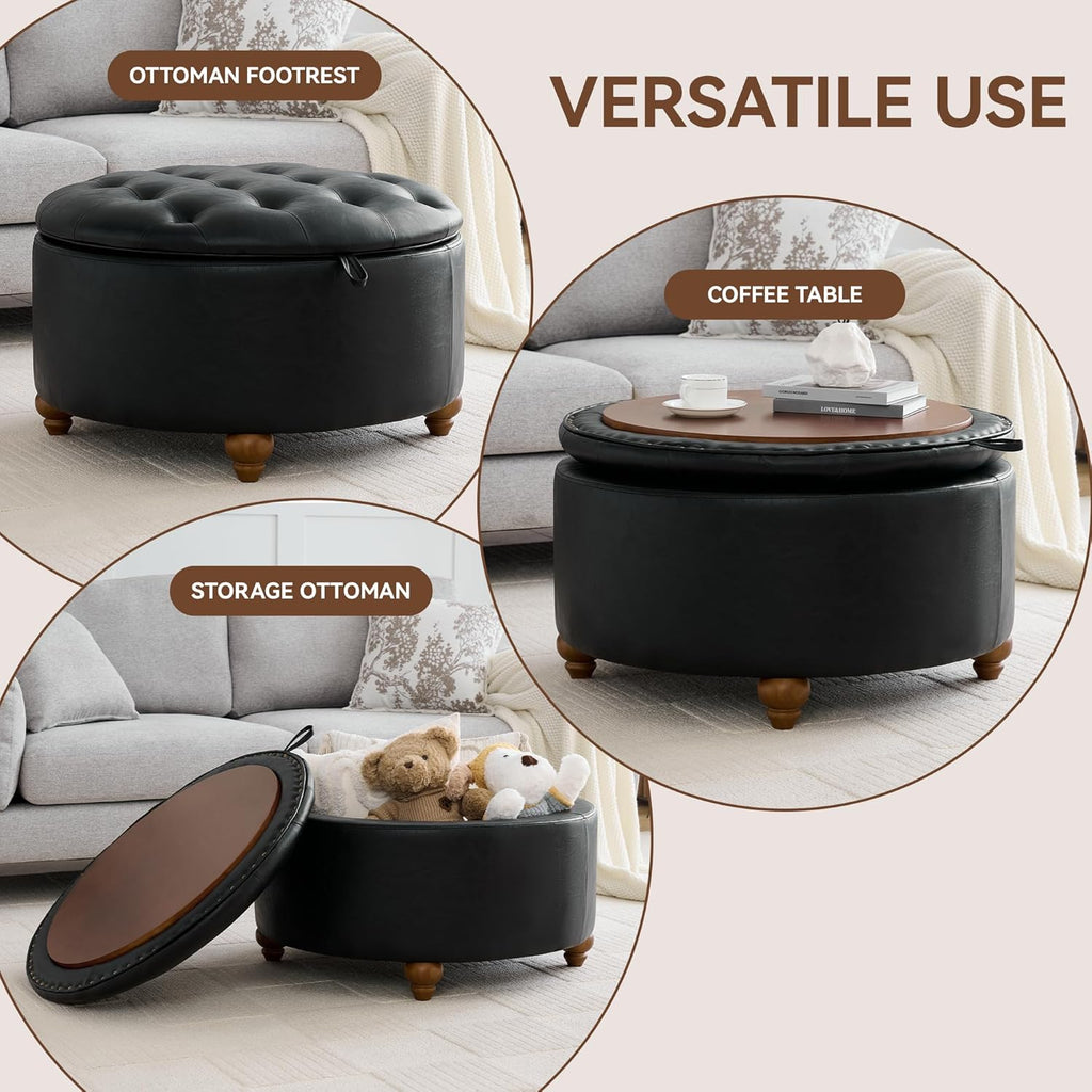 30Inch Round Storage Ottoman with Tray, Modern Tufted Leather Circle Coffee Table with Storage, Upholstered Ottoman