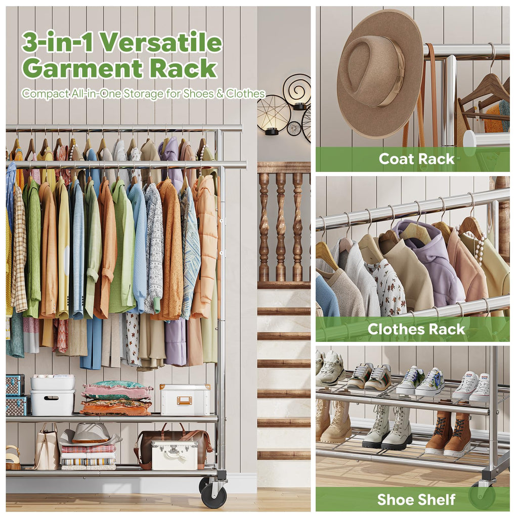 Heavy Duty Clothes Rack, Rolling Clothing Rack for Hanging Clothes Load 650 LBS with 2 Sturdy Shelves, Garment Rack