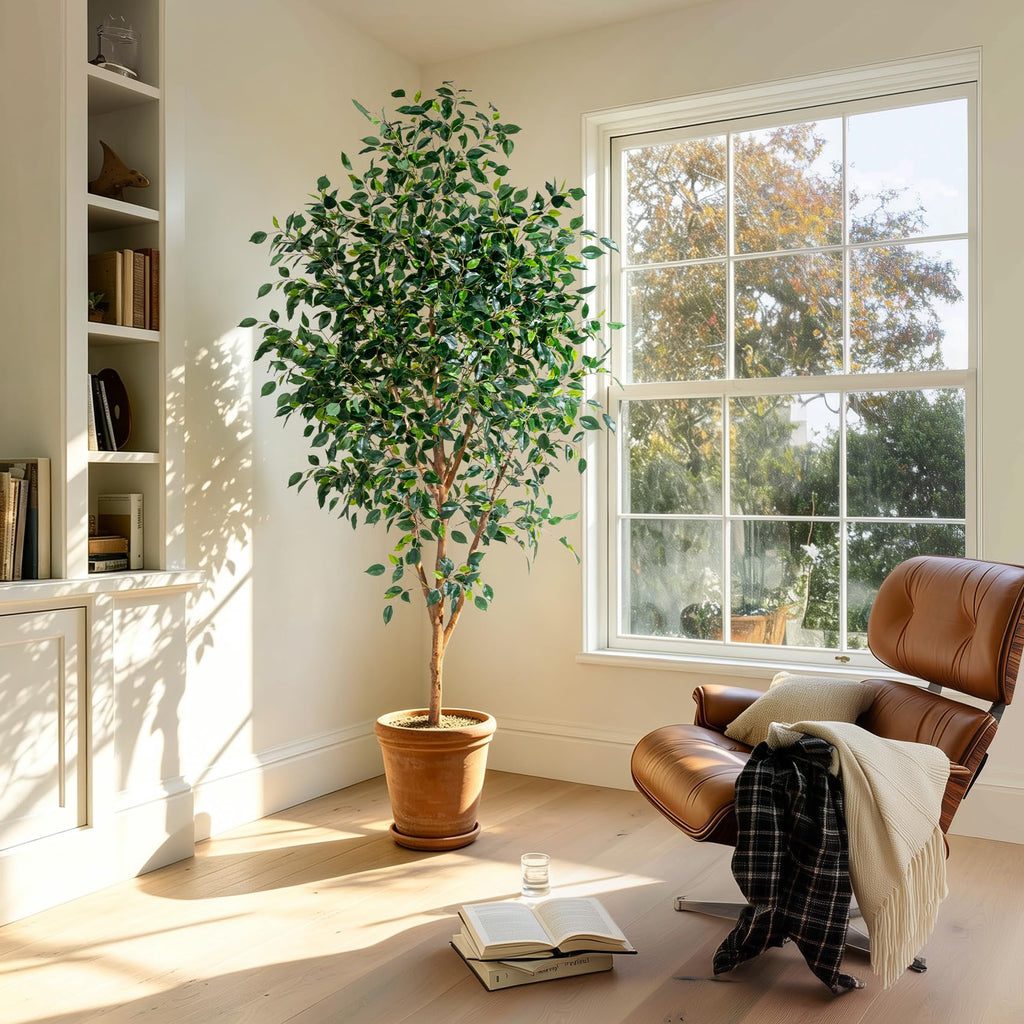 Ficus Tree Artificial 7ft Tall, Faux Ficus Tree Indoor with Real Wood Trunk