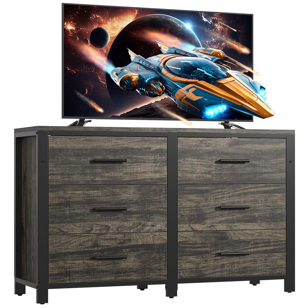 Dark Rustic Dresser, Wide Wood Dressers Furniture with 6 Wooden Drawer and Metal Frame, TV Stand with Deep Drawer