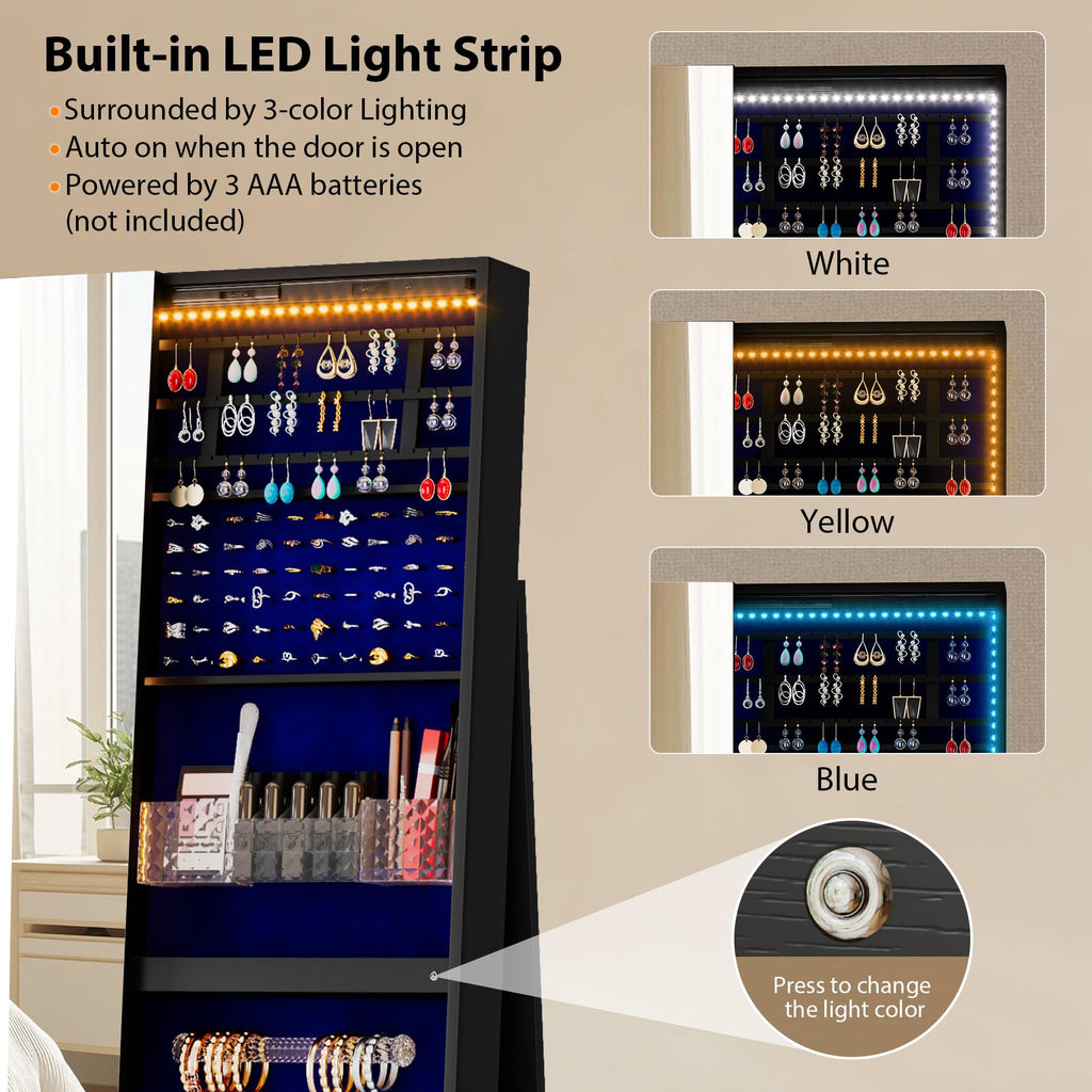 LED Jewelry Cabinet with Sliding Full Length Mirror, Black