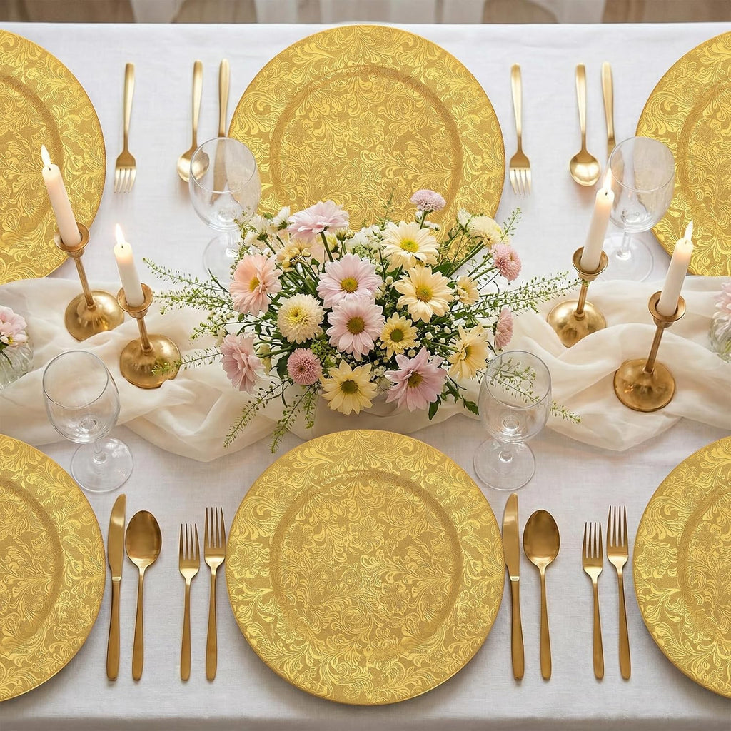 Gold Charger Plates, 13" Plastic Round Antique Plate Chargers for Dinner Plates, Floral Charger Plates - Set of 12