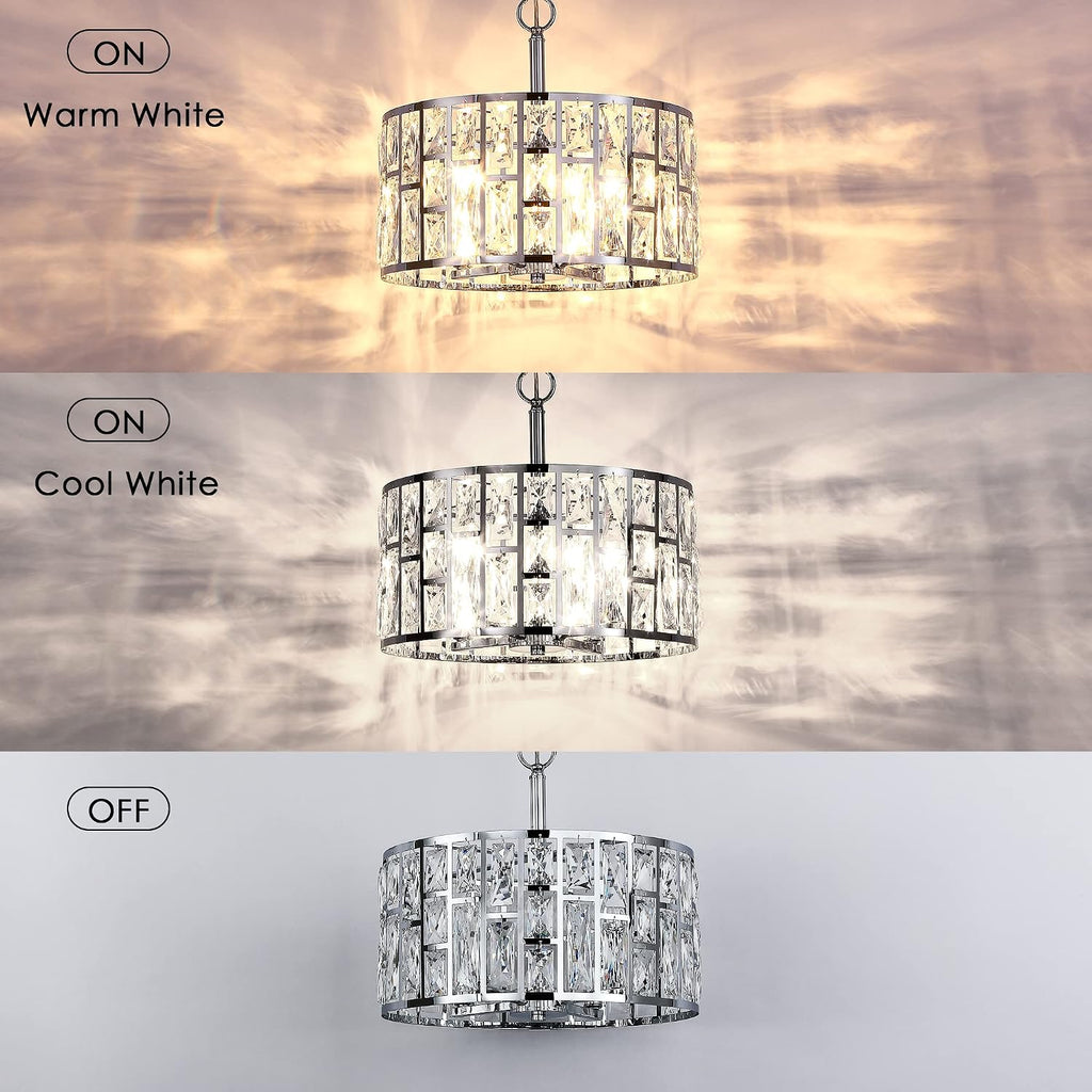 Farmhouse Crystal Convertible Chandelier and Semi Flush Mount Lighting Chrome Cylinder Drum Shade Pendant for Kitchen