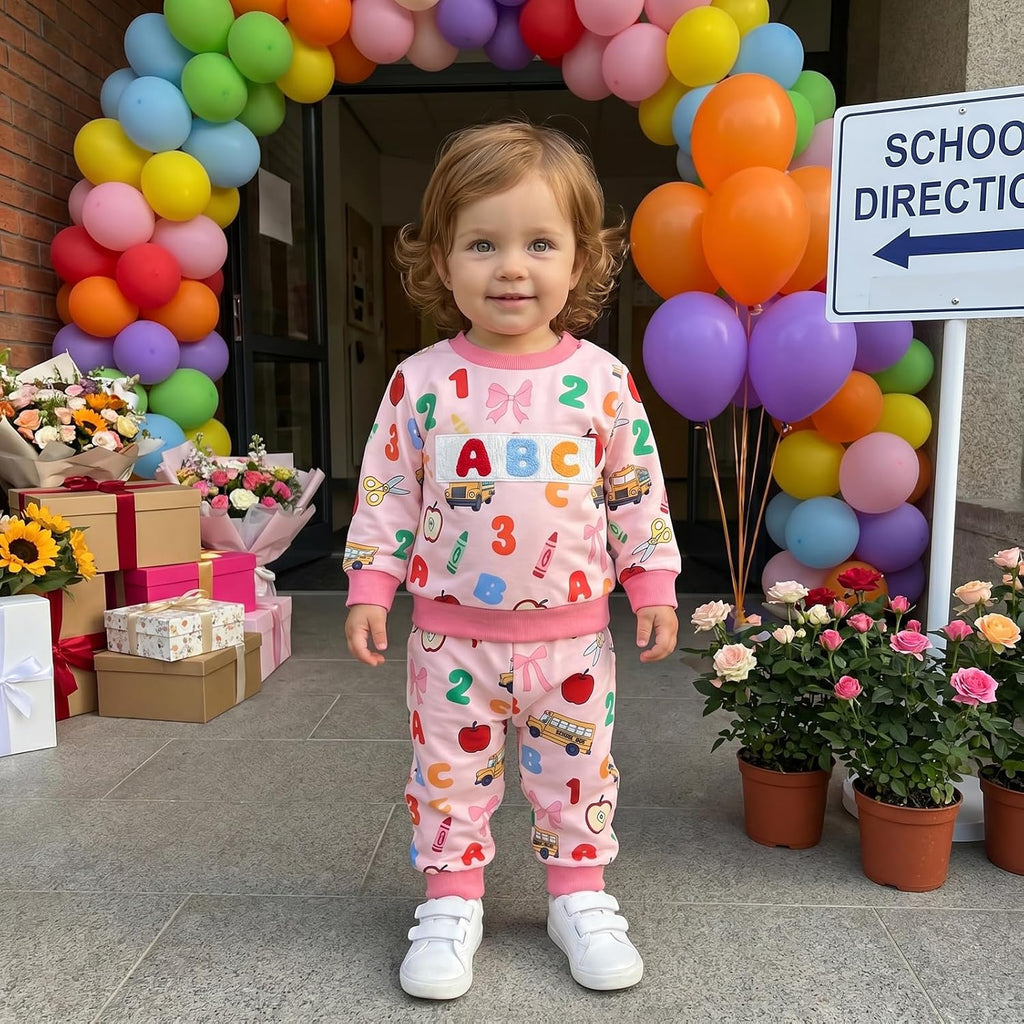 Kids Toddler Boy Girl Back to School Outfit First Day of School Smocked Sweatshirt Pants Set Kindergarten Outfits
