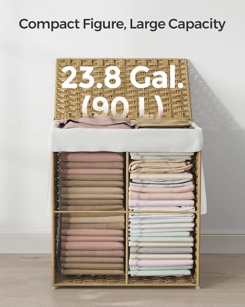 Laundry Hamper with Lid, 23.8 Gallon (90 L) Synthetic Rattan Clothes Laundry Basket with Lid and Handles, Foldable
