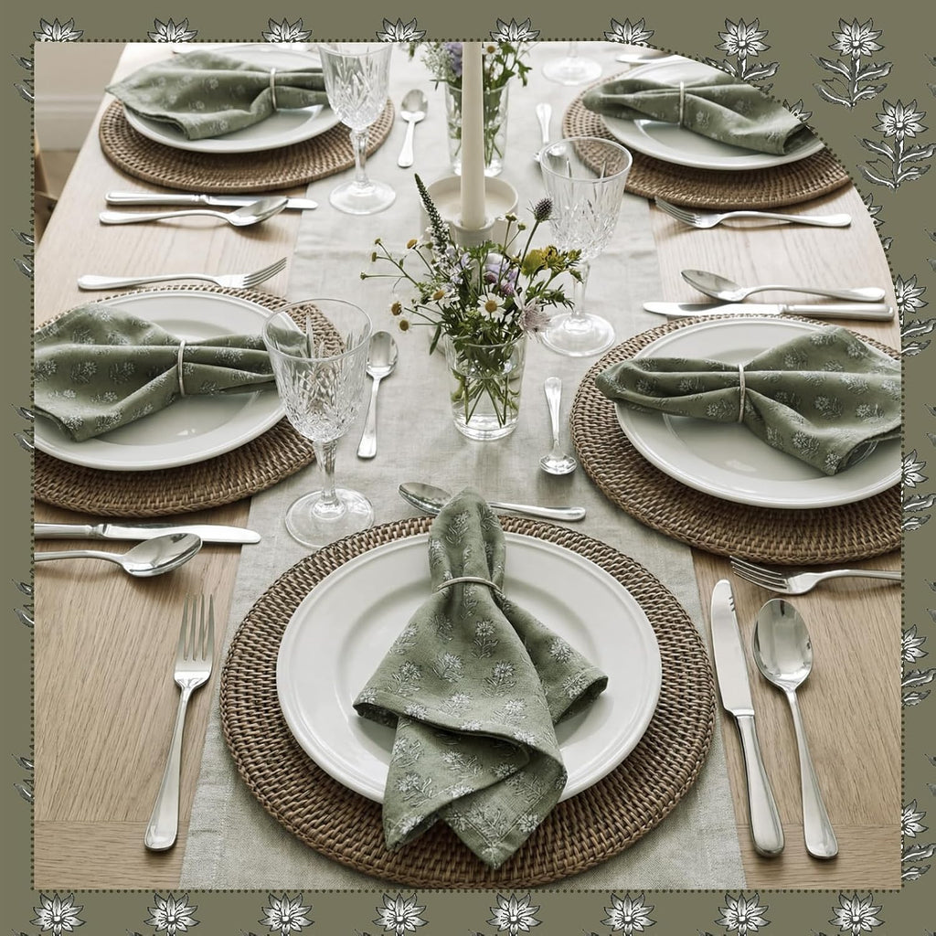 Set of 12 Floral Cloth Napkins Grey Green Linen Cloth Napkins Spring Flower Wildflowers Dinner Napkin 15 x 15 Inch