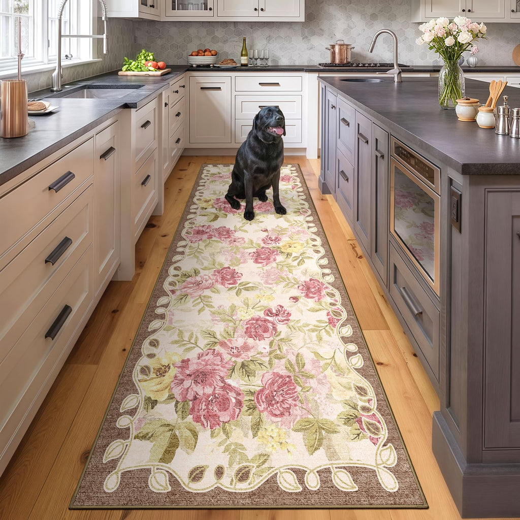 Washable 2x8 Runner Rug, Cream Boho Floral Non-Slip