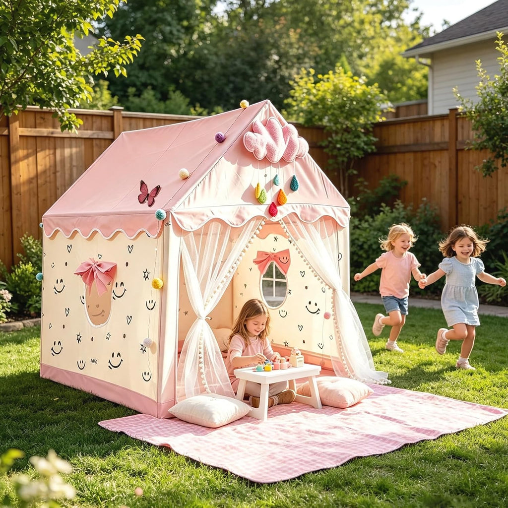 Princess Castle Play Tent for Kids with LED Globe String Lights, Pink Fantasy Playhouse Indoor, Easy Setup & Durable